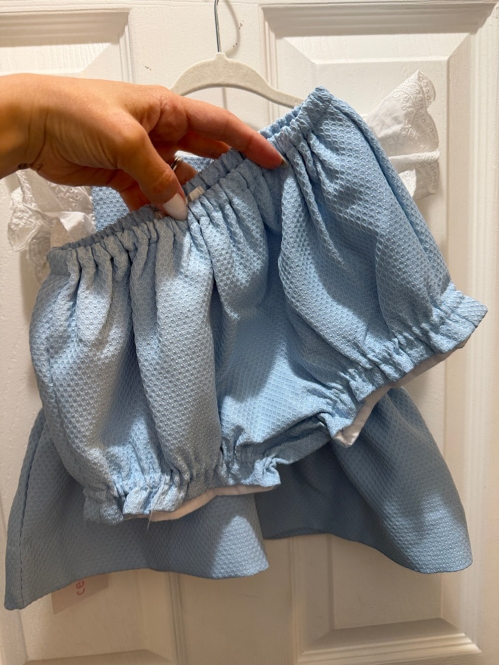 Blue Embroidered Pinafore Set with Eyelet Sleeve Top - Picture 6 of 6